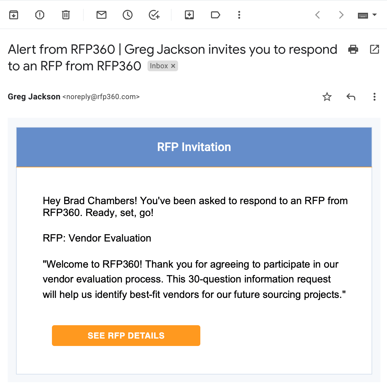 RFP invitation email to vendors in RFP management software RFP360